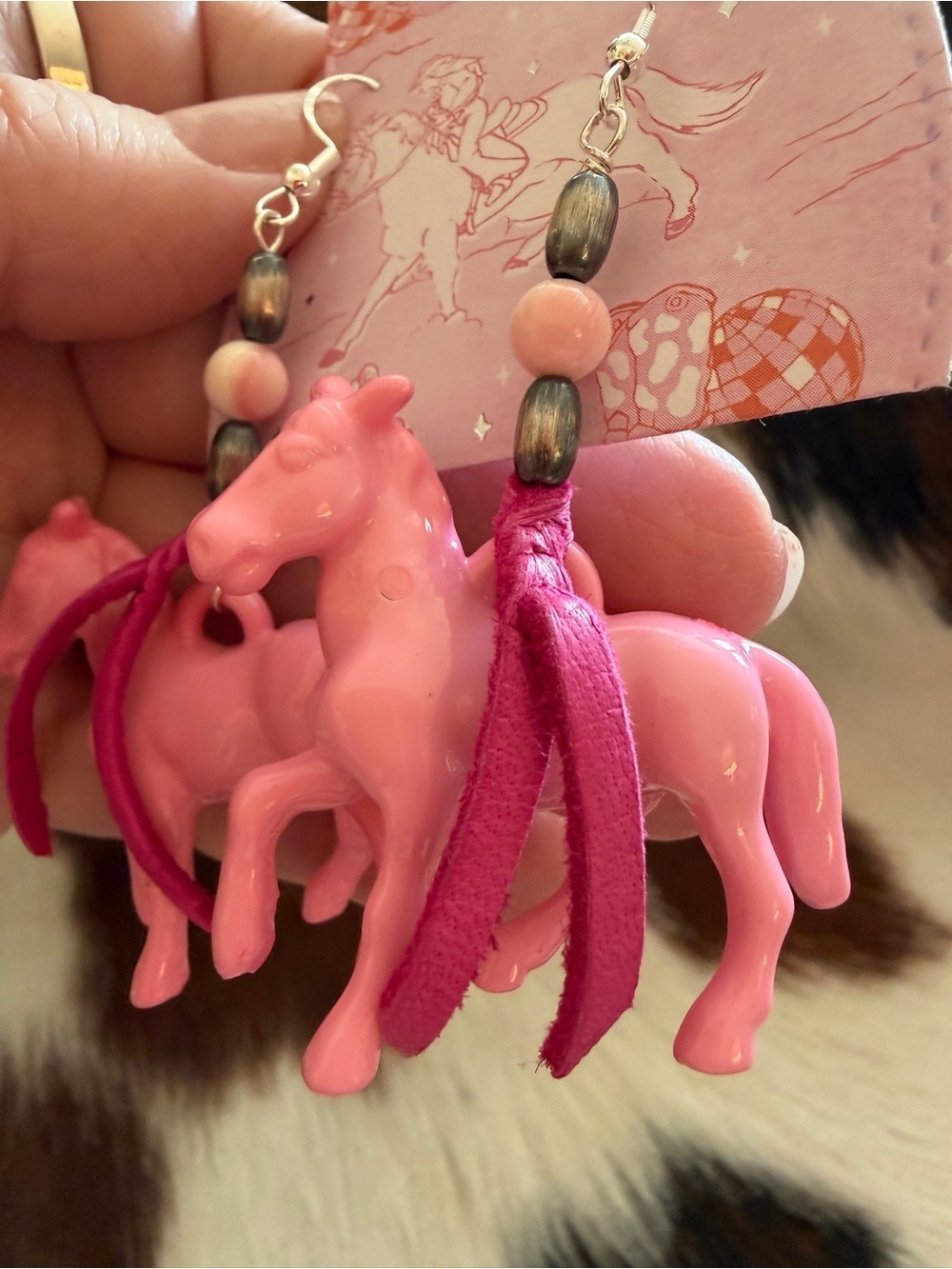 ❤️ 925 Pink Conch Cowgirl Pony Horse Rodeo Earrings Leather Tassels Beads - Picture 7 of 14